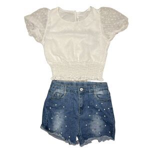 Jean Shorts & Puff Sleeve Top Outfit Set Girls 10
